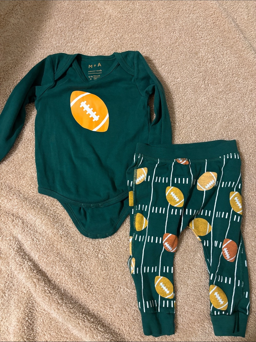 Monica + Andy|Baby boy organic cotton Green Football Print Matching onesie set•
